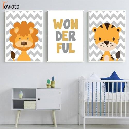 Cartoon Jungle Animal Baby Nursery Canvas Painting Decoration Wall Poster Print Lion Tiger Kids Boy Bedroom Wall Art Decoration