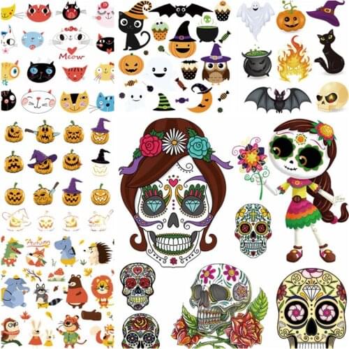 Set Transfer Punk Skull Applique For Clothes Stickers Pumpkin Halloweens Cartoon Anmal Thermal On Kid Clothes Patch Decoration