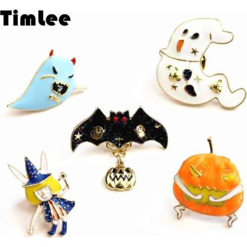Timlee X327 New Halloween Series Cartoon Pumpkin Bat Ghost Witch Brooch Pins Fashion Jewelry