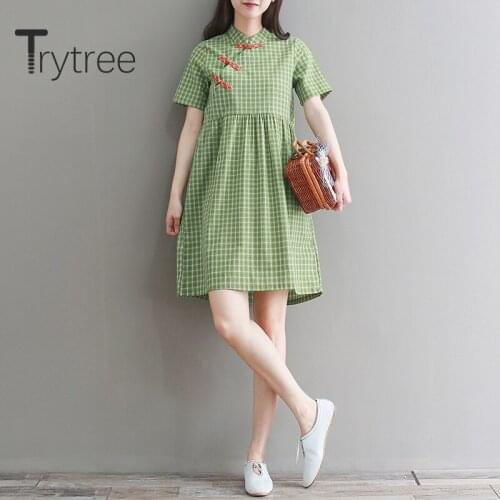 Trytree Summer Women Casual Dress Stand Collar Plaid 2 Color Dress High Waist Vintage Elegant Temperament A-line Mini Dress