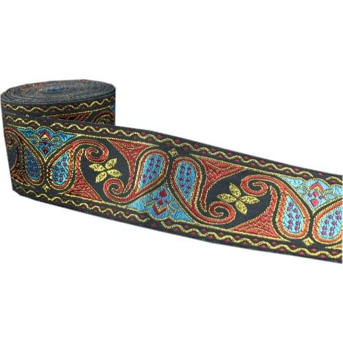 DONGCAI 5cm 2yard/lot High quality Woven Jacquard Ribbon black background red and gold flowers pattern metal ribbon free ship