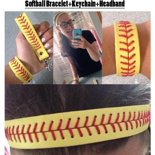 Authentic Softball Stitch Leather Headband +Bracelet+Keychain Set