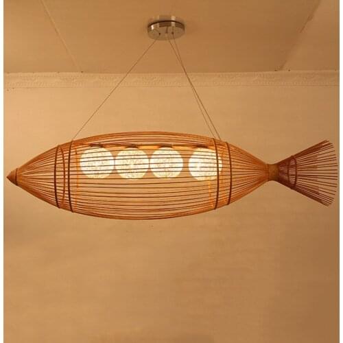 Bamboo Fish Pendant Lamps Handmade Bamboo Weaving Pendant Light Hanging Lamp Home Lighting Wood Suspension Rustic Foyer PA0084