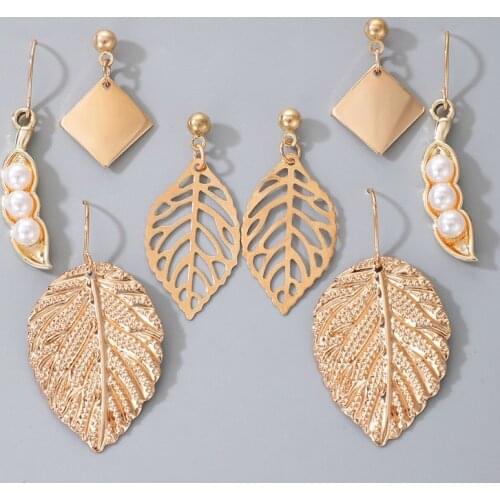 Docona 4 pair/set Bohe Pearl Shell Drop Earring for Women Simple Geometry Hollow Leaf Alloy Metal Dangel Earring Gold Jewelry