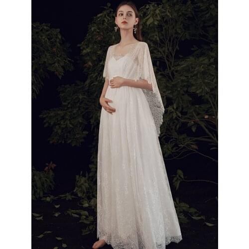 High waist pregnancy wedding dress Lace maternity dress capelet maternity wedding gown pregnant elegant dress for photo shoot
