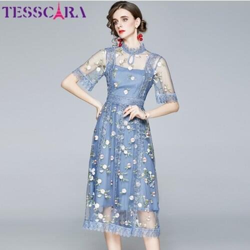 TESSCARA Women Summer Elegant Embroidery Mesh Dress Festa High Quality Blue Wedding Party Robe Femme Vintage Designer Vestidos