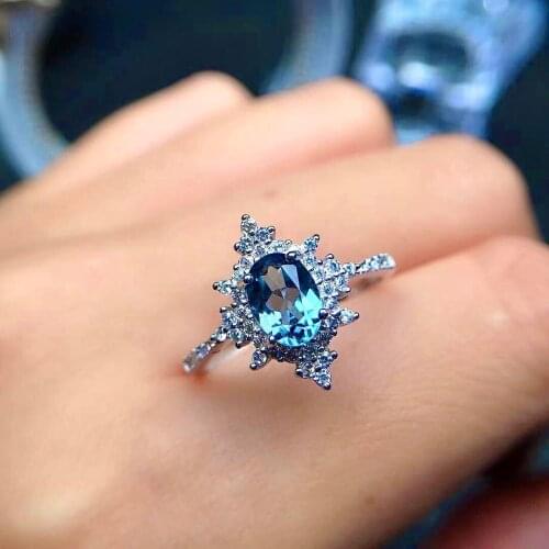 Vintage 925 Silver Topaz Ring for Office Woman5mm*7mm Natural London Blue Topaz Ring Solid Silver Topaz Jewelry