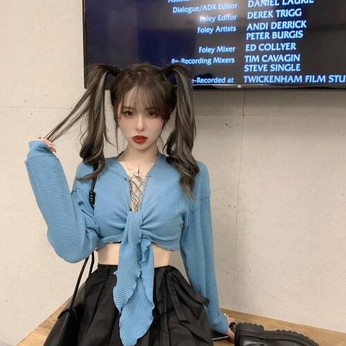 Wenfly Womens T-shirt Bowknot V-Neck Bandage Long Sleeve Vintage Blue Exposed Navel Design Short Tops Street Femme