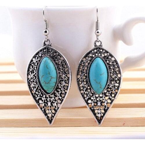 Vintage Style Natural Blue Stone Women Statement Leaves dangle Pendant earrings Hollow out Earrings 2018