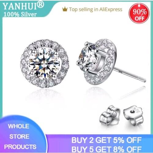 YANHUI With Certificate Original 925 Sterling Silver 6mm Small Lab Diamond Stud Earring Earrings For Women Girl Birthday Gift