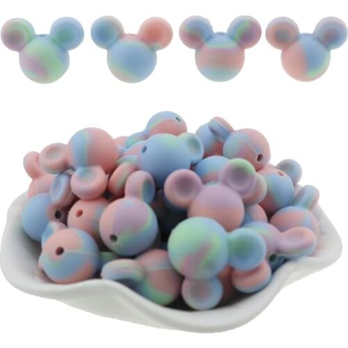 Wholesale 10pcs Mickey Hexagon Round 12MM 15MM 20MM Tie-Dye Rainbow Colors BPA free Teething Silicone Beads for Jewelry making