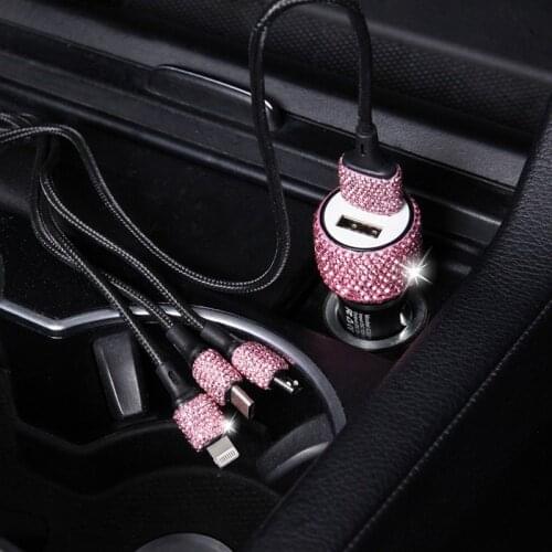 Diamond 3 in 1 blingbling rhinestones charging cable car charger nylon cellphone date cable universal car mobile phone charger