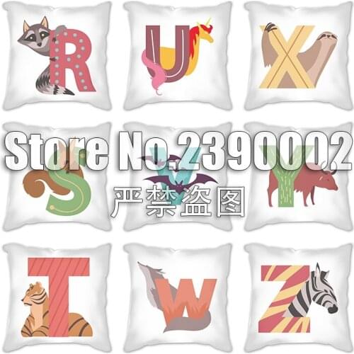 English Alphabet 26 Letters Cotton Linen Decorative Pillowcase Animal zebra Dinosaur Elephant Print Sofa Cushion Cover