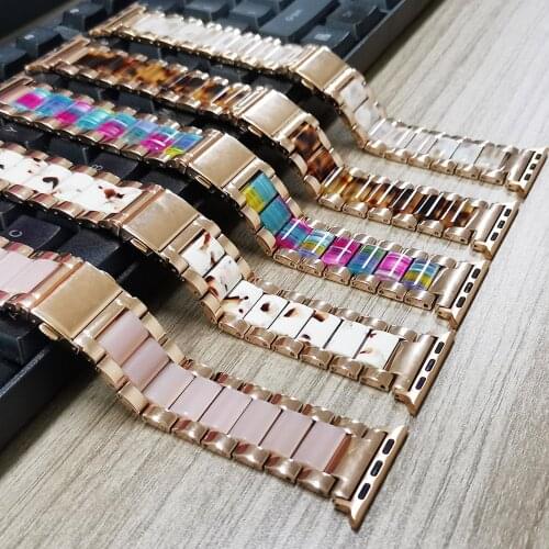 Luxury Resin + Stainless Steel Bracelet for Apple Watch SE Band Series 6 5 4 3 Strap for iWatch 40mm 44mm 38mm 42mm Metal Belt