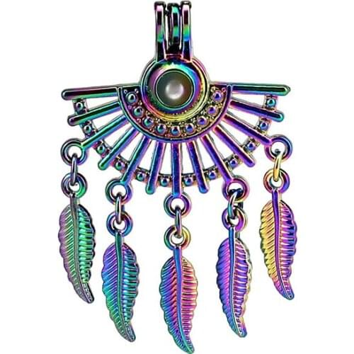 C1048 5pcs/lot Rainbow Color Fan Shapes Filigree Bohemian Bead Pearl Cage Locket Pendant Pearl Locket Fairytale Party