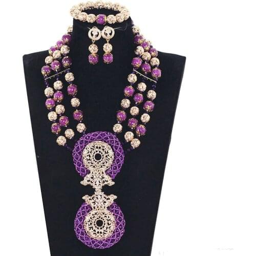 Purple Coral Bead African Wedding Jewelry Sets Dubai Gold Chunky Bib Necklace Set Traditional Nigerian Wedding Beads Gift WE144