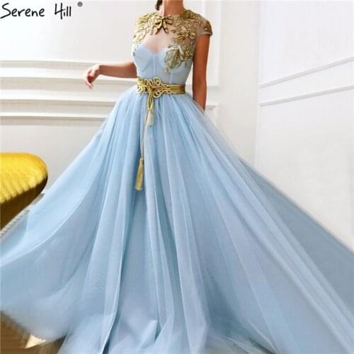 Blue O-Neck Sequined Sashes Sexy Prom Dresses 2020 Sleeveless A-Line Tulle Sexy Prom Gowns Serene Hill BLA60863