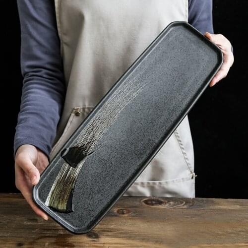 ANTOWALL Japanese Style Retro Hand-painted Ceramic Sushi Dish Sashimi Dish Cold Long Plate Household Plate Dinner Plate