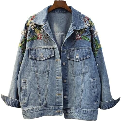 Autumn Korean Beading Sequins Flowers Casual Denim Jacket Coat Women Blue Outerwear Loose Long Sleeve Short Jeans Jacket Female
