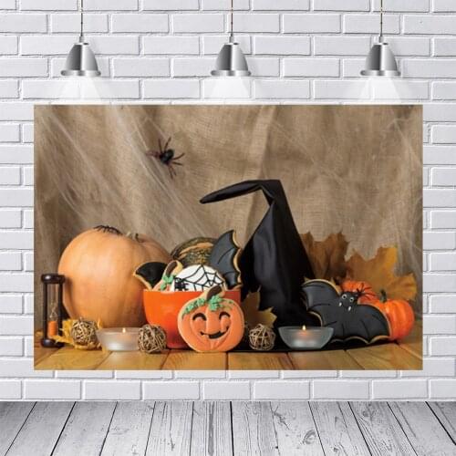 Laeacco Halloween Backdrop Pumpkin Lantern Witch Hat Photo Background Kids Birthday Party Photography Shoot Photo Studio Props