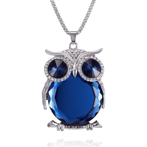 Fashion Cute Opal Owl Pendant Necklace Women Black Blue Long Chain Coat Accessories Female Sweater Chain Jewelry Gifts