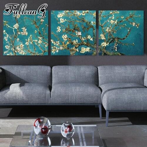 FULLCANG 5d diy diamond embroidery sale abstract tree flower triptych painting full square round mosaic pattern kit FC3647