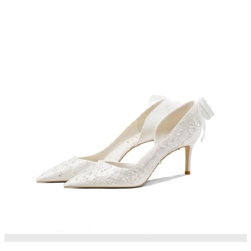 2021 spring new French embroidery stiletto bridal wedding shoes female white side empty banquet dress single shoes pearl sandals