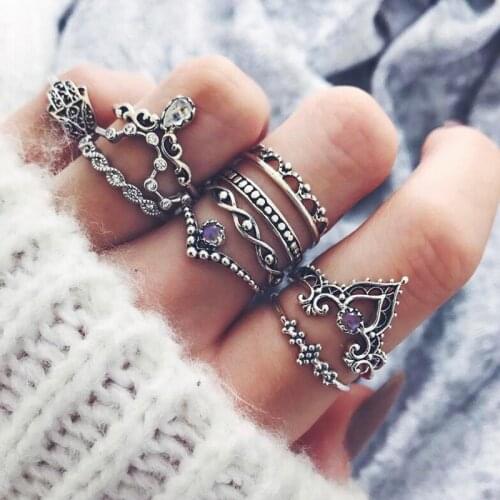 New Vintage Tibetan Flower Ring Sets Crystal Knuckle Midi Rings for Women Retro Boho Beach Anillos Punk Jewelry Party 7PCS/set
