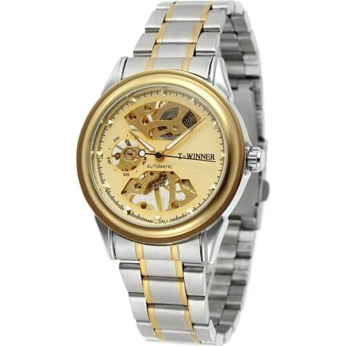 New Winner Design Men Watch Hand Wind Skeleton Black Golden Transparent Fashion Casual Mechanical Wrist Watch Relogio Masculino