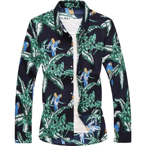 New mens long sleeve plus size 5XL 6XL 7XL printing soft and comfortable casual Hawaiian flower bird shirts
