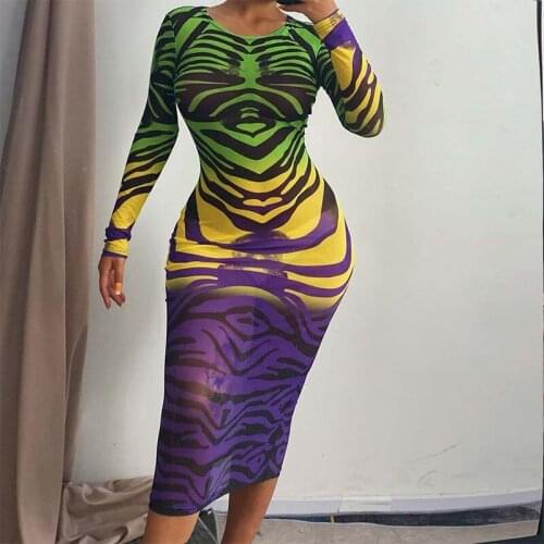 Autumn Mesh Dress Women Transparent Bodycon Dress Long Sleeve Ladies Sexy Club Dress Y2K Print Midi 2021