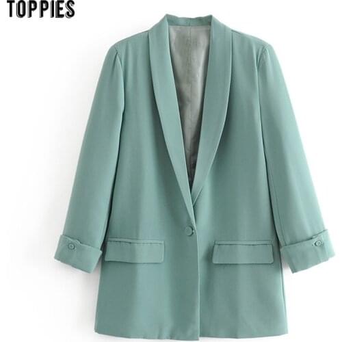 2020 Women Solid Color Long Blazer Jacket Pleated Sleeve Loose Coat Office Lady Work Style Small Suit Single Button Blazer
