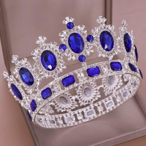 Luxurious Big Round Crown Blue Crystal Queen King Wedding tiara Diadem Bridal Headpiece Hair Jewelry Wedding Hair Accessories