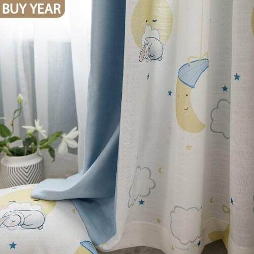 2021 Cartoon Curtains for Living Dining Room Bedroom White Moon Stars Rabbit Children Cotton and Linen Curtains Printed Curtains