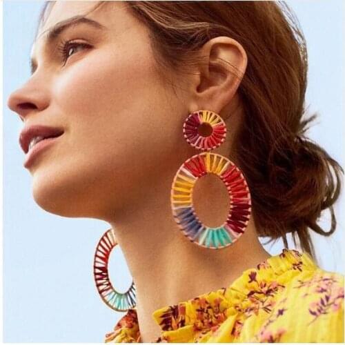 MISANANRYNE Oversized Bohemian Woven Earrings for Women Big Oval Hollow Statement Raffia Rattan Earring 2019 Geometric Jewelry