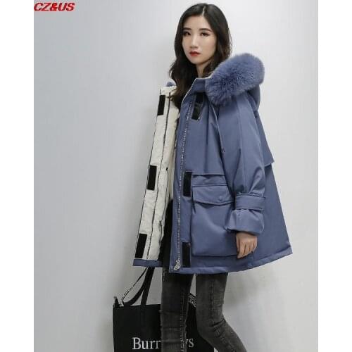 Korean Version Pai Overcome 2021 New Down Cotton Jacket Womens Middle And Long Loose Thickened Large Wool Collar Cotton jackets