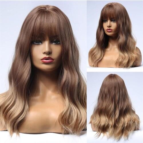 Female Middle Part Wavy Curly Wigs For Cosplay Costume Fashion Show Party Natural Wigs with Neat Bangs