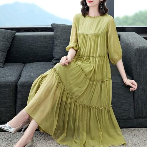 100% Genuine Silk Womens Summer Dress Female Long Dress Loose Dresses Ladies Elegant Woman Dress Vestito Da Donna Zjt2699