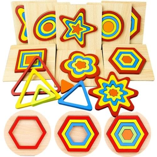 1PCS Wooden Geometric Shapes Cognition Puzzle Board 3D Wood Puzzle Toys For Baby Montessori Preschool Learning