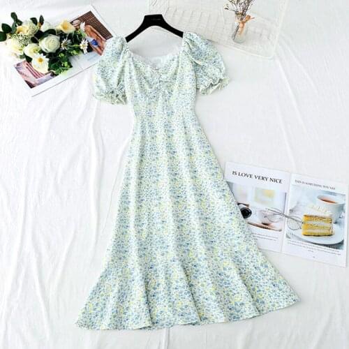2021 New Vintage Floral Print Summer Dress Women Elegant Square collar Chiffon Party Dress Short sleeve Ruffle Midi Vestidos