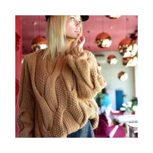 2021 Autumn Winter Womens New Fashion Large Size Round Neck Solid Color Twist Sweater Knit Pullover