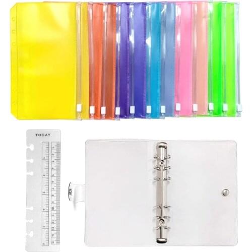A6 Clear PVC 6 Ring Binder Budget Planner Organizer Notebook Waterproof Folders with 12 Colorful Zipper Binder Pockets,A Ruler