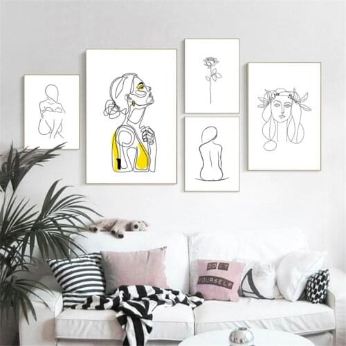 Abstract Women Line Drawing Body Painting Nordic Poster Prints Canvas Wall Art Yellow Girl Minimal Art Simple Fashion Woman Art