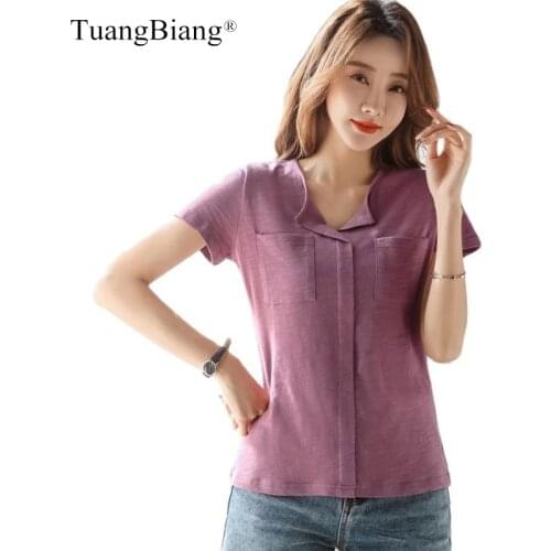 2021 Summer Two Pockets V-Neck 100% Cotton T Shirts Women Short Sleeve Coffee Purple Tshirts Casual Soft Female Solid Color Tops