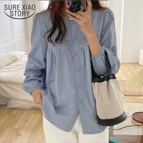 Korean loose round neck solid color simple and versatile Long Sleeve Shirt casual chic poplin chemise tops blusas mujer 12366