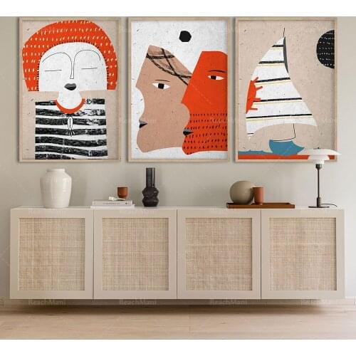 Beautiful and simple female art portrait, bright and colorful childcare boat and friend decoration, abstract ethnic print suit