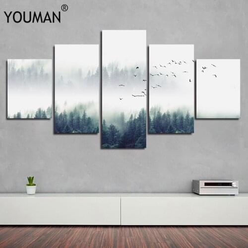 Hot Sales Nordic Decoration Forest Lanscape poster 5 piece large canvas print wall art modular painting on decoration pictures