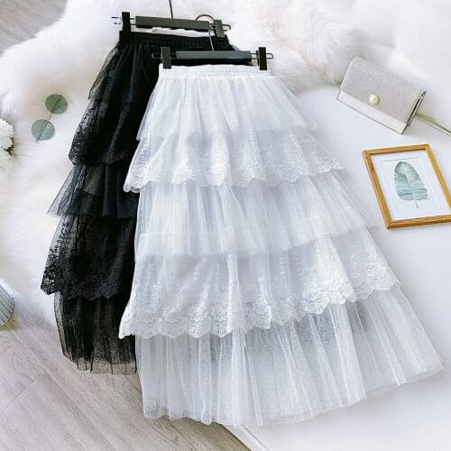 Sweet Flower Embroidered Cake Tutu Skirt WF0090 Women Ladies Tulle Lace Ball Gown Long Wedding Party Black White Skirt