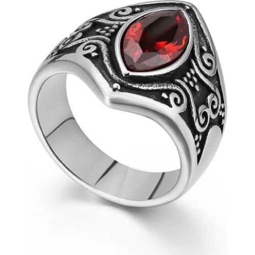 Vintage Jewelry Stainless Steel Red Stone Carved Mens Ring Personality Fashion Ring