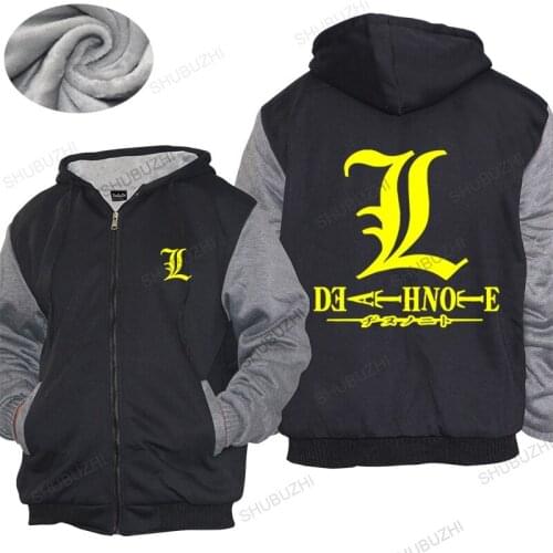 Mens winter warm coat loose tops New Death Note L logo Gold Horor Anime Mens thick hoody unisex hoodie women Fleece hoody